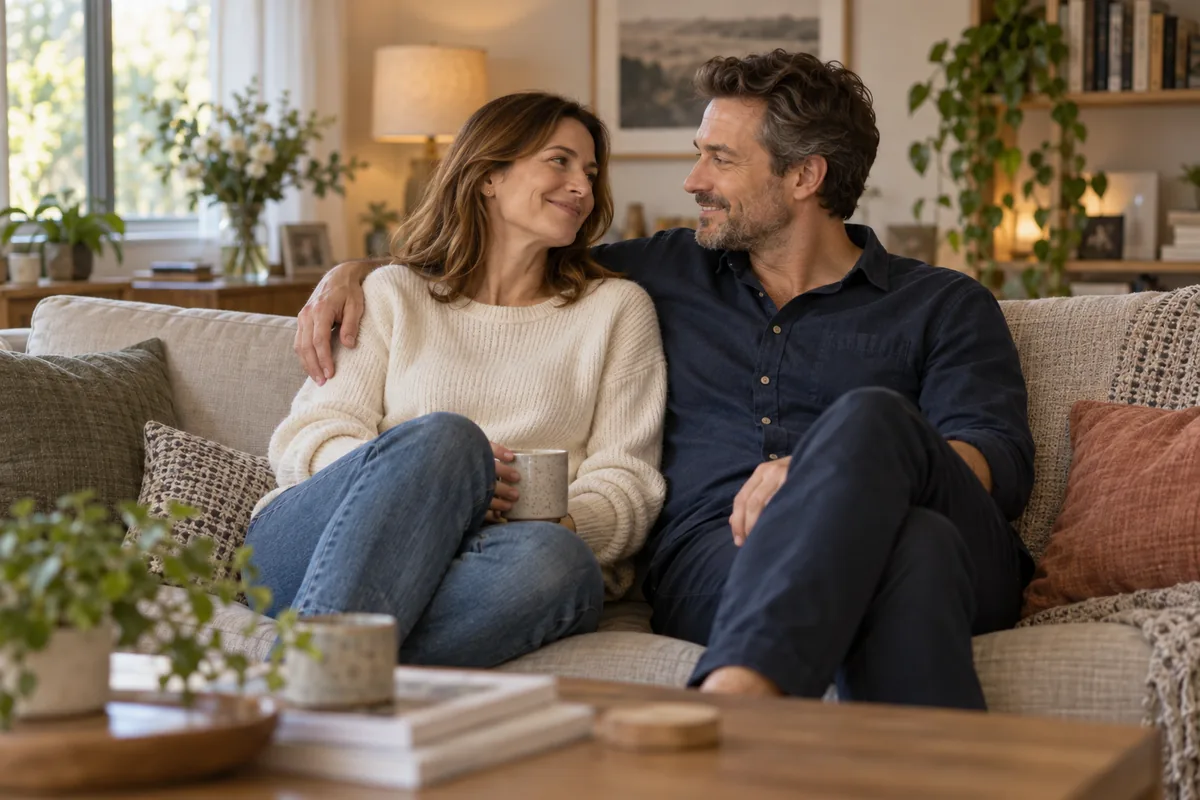 Adult couple embracing on a sofa, AI illustration