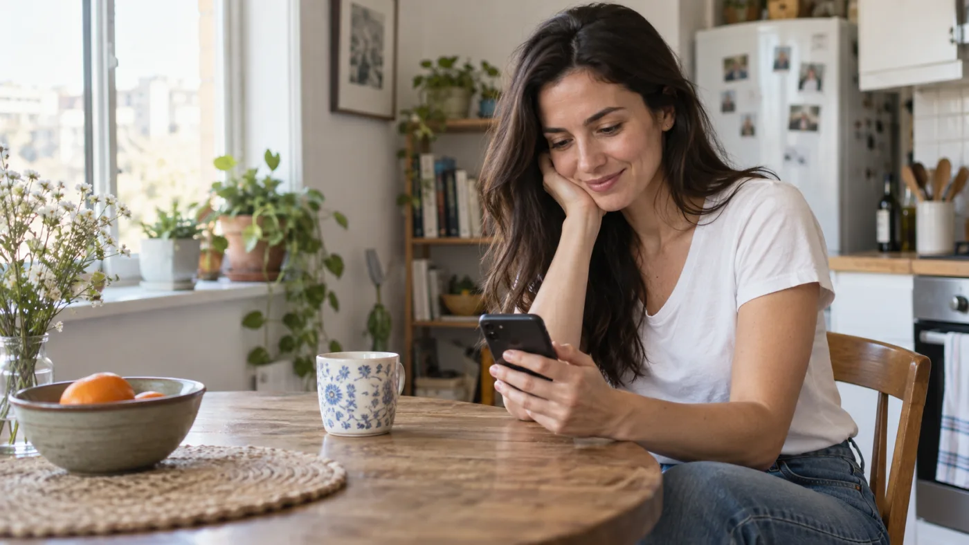 A woman browsing her phone at home
