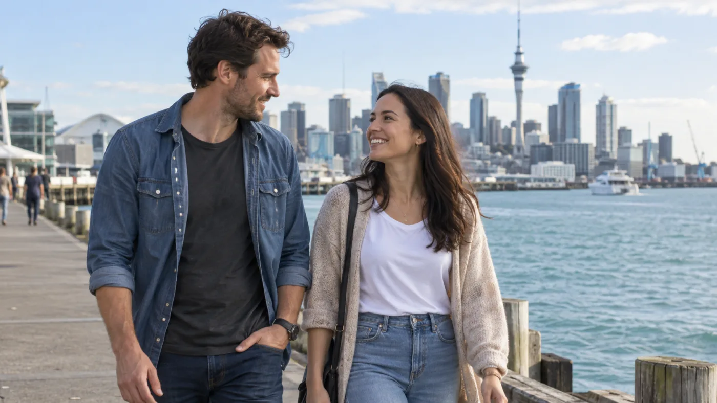 A couple walking along the Auckland waterfront
