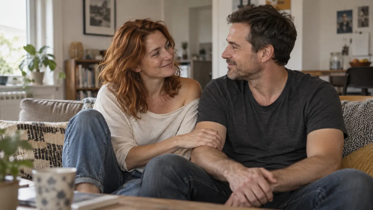 Un couple partage un moment complice sur son canapé