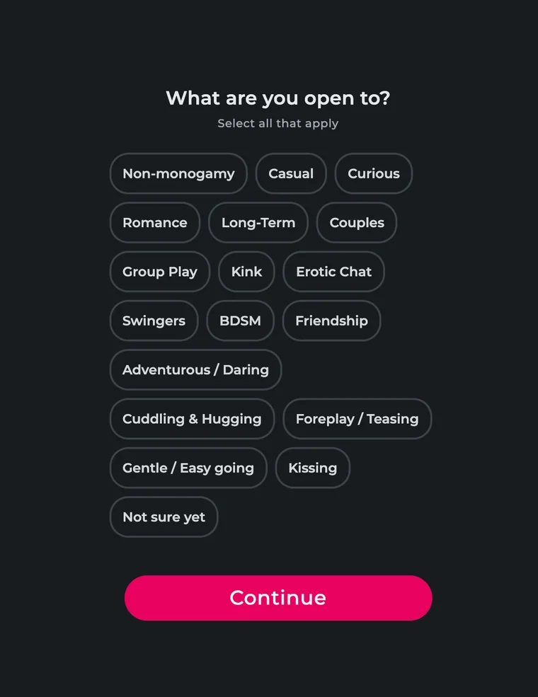Écran Ashley Madison pour sélectionner les types de relation et les préférences